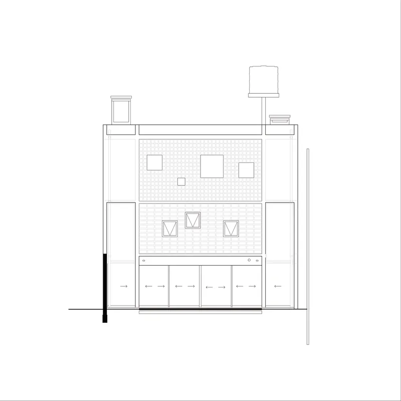 Elevation drawing of facade with textured upper levels and ground floor garage doors