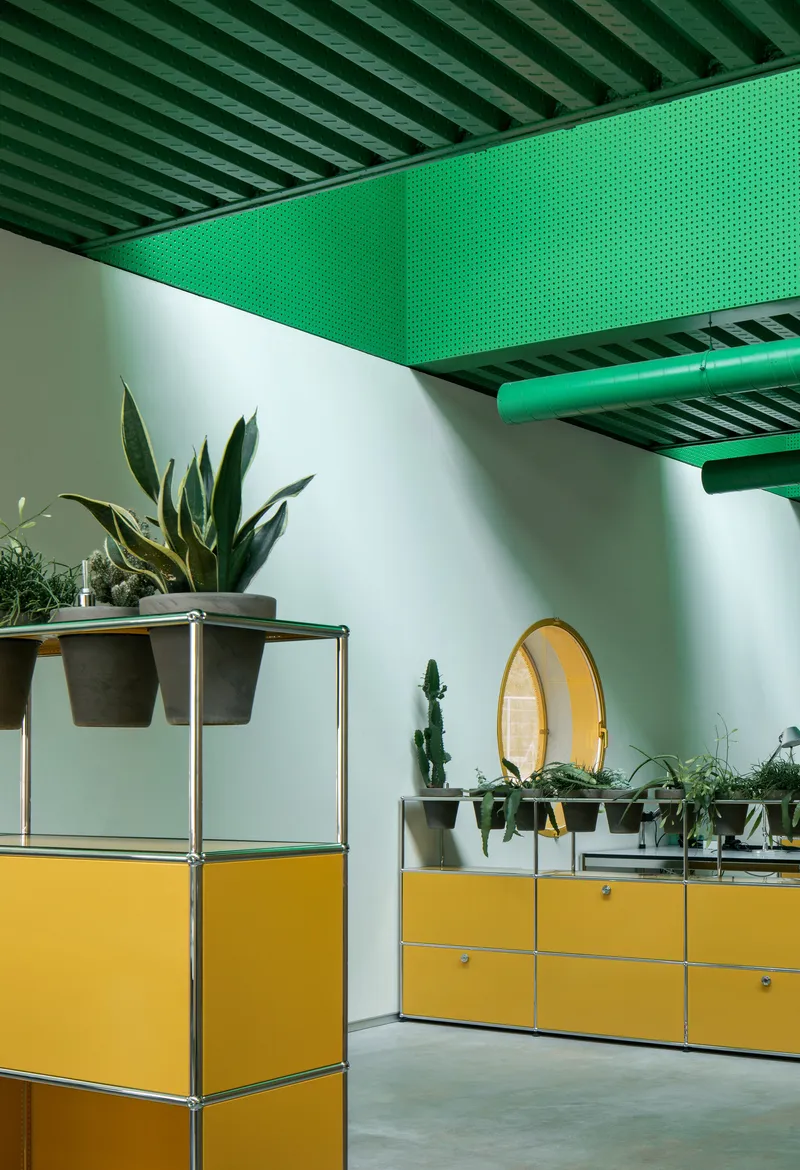 Corner view of yellow modular shelving units with potted plants beneath green metal ceiling beams and perforated panels