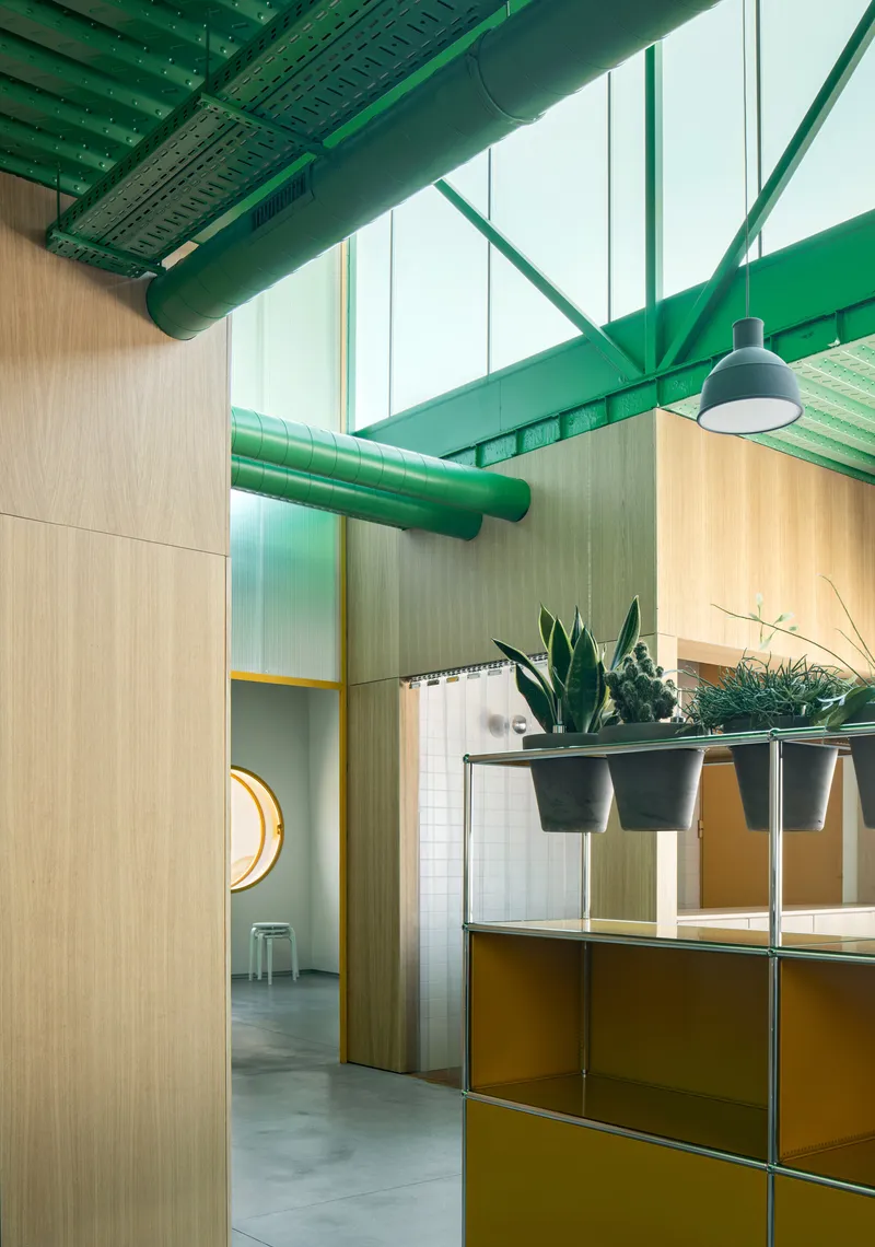 Interior corridor with exposed green painted steel structure, wood paneling, and yellow shelving units with potted plants