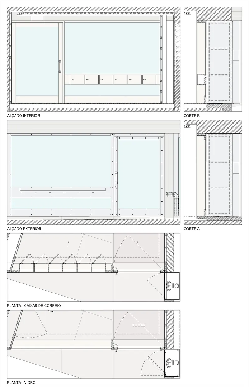 Construction detail drawings showing interior and exterior elevations of glazed partitions with sliding track systems
