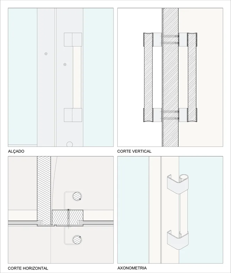 Four architectural drawings showing floor plan, vertical section, horizontal section and axonometric of a multi-story building