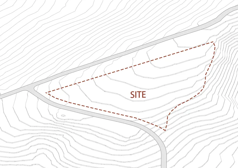 Topographic site plan drawing with contour lines indicating a sloped triangular parcel