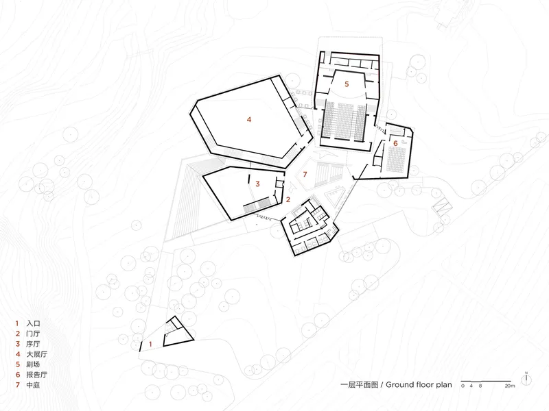 Ground floor plan drawing displaying numbered angular volumes radiating from a central circulation spine