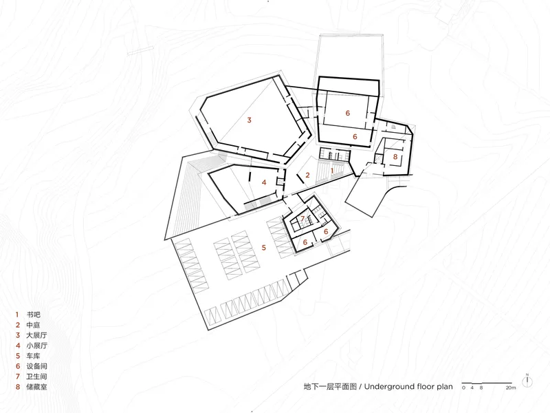Underground floor plan drawing showing parking area and service spaces beneath angular building volumes