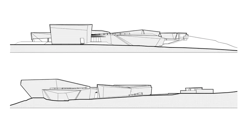 Section drawings showing volumes embedded in sloping terrain with exposed rooflines and interior levels