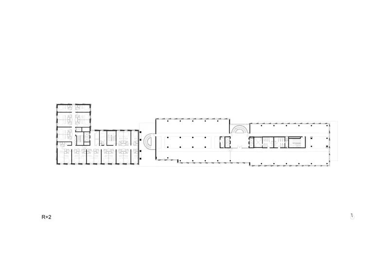 Second floor plan drawing showing an L-shaped office wing connected to an open-plan hall