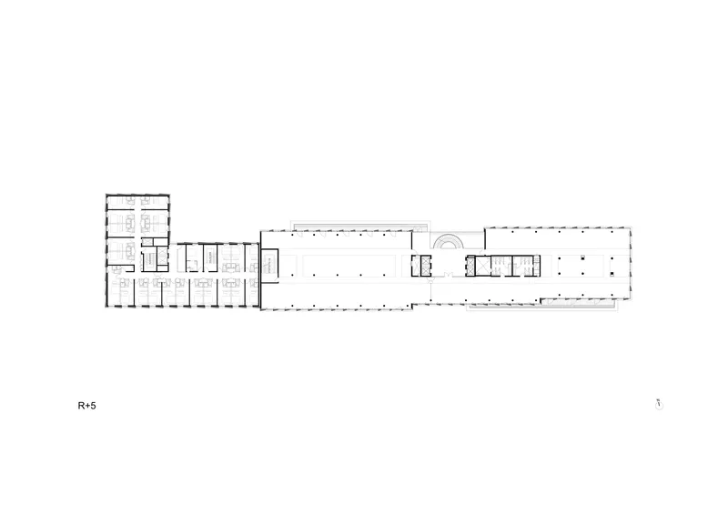 Fifth floor plan drawing depicting office rooms alongside a wide open floor with central core