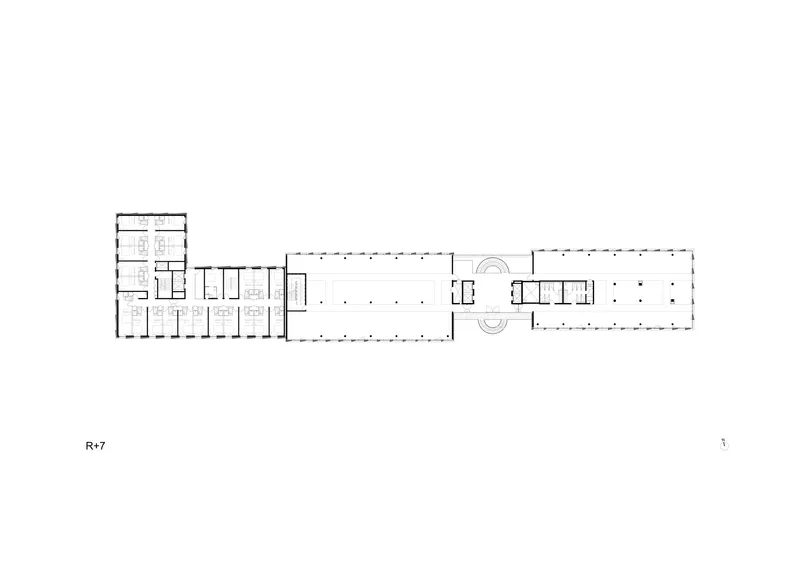 Seventh floor plan drawing showing the same linear layout with central circulation and meeting rooms