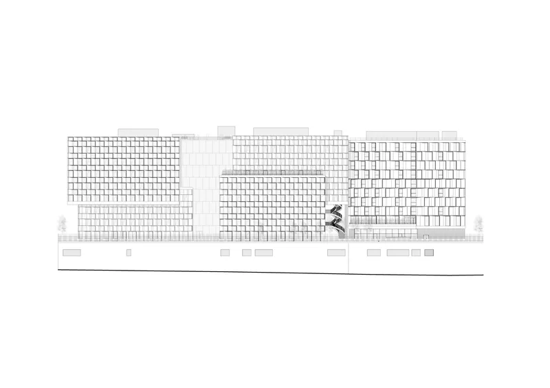 Elevation drawing showing gridded facades with recessed balconies and a figure in motion