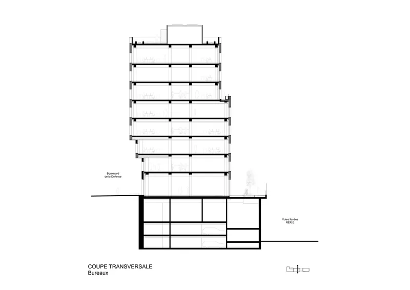 Section drawing showing a nine-story tower above a three-level basement structure