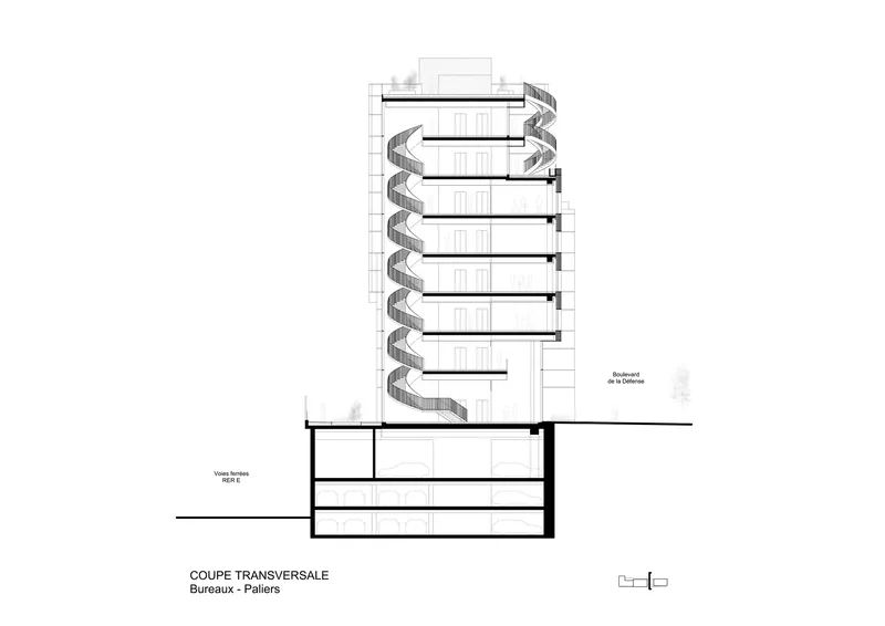Section drawing revealing a tower with zigzag balconies over a subterranean parking structure