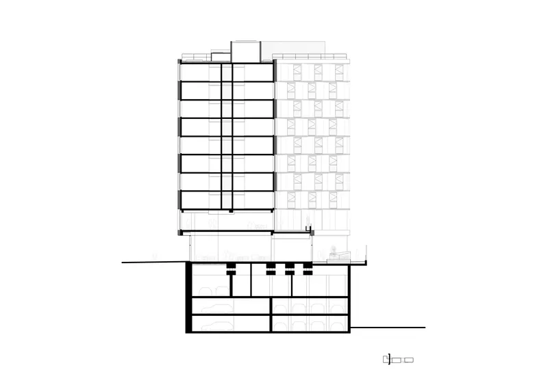 Section drawing cutting through two towers with contrasting solid and gridded facade treatments