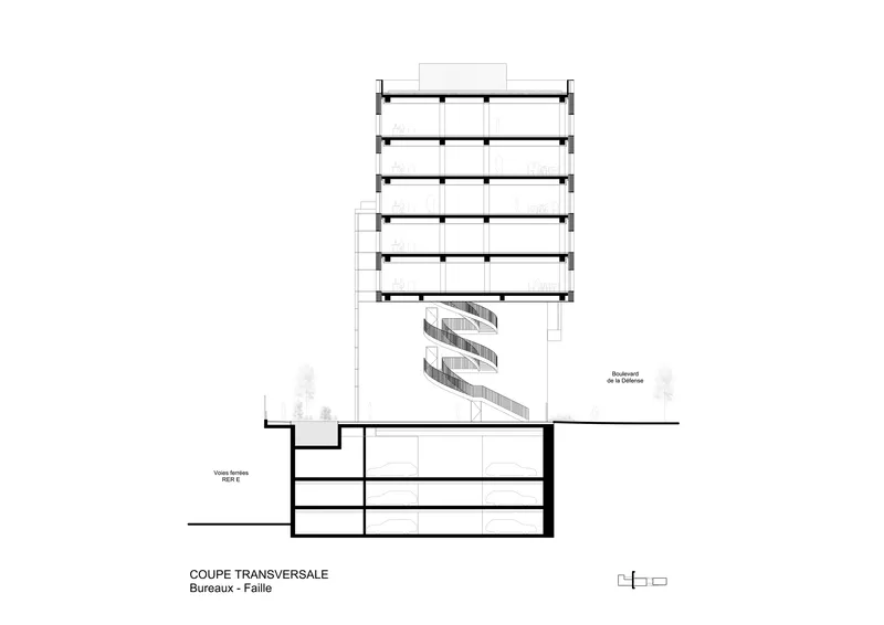 Section drawing displaying a residential tower with stacked horizontal slabs and a helical stair element