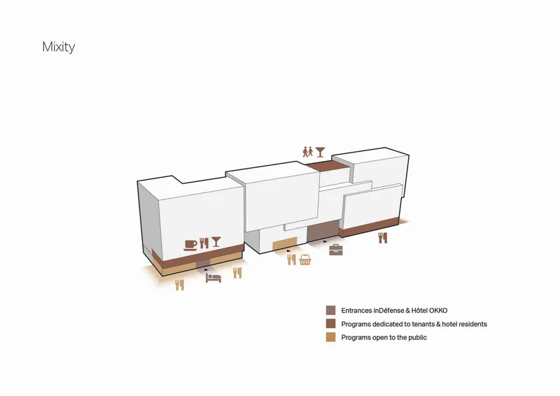 Axonometric diagram showing mixed-use program distribution with public spaces and private entrances marked by figures