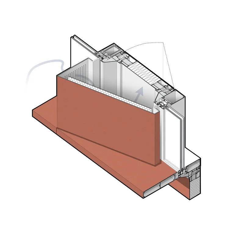 Isometric detail drawing of a window assembly with terracotta cladding and ventilation arrows
