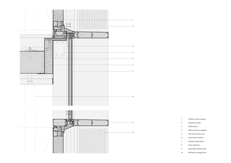 Detail sections of window jamb and sill connections with cladding and waterproofing layers