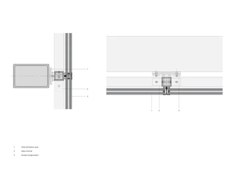 Plan and section drawings detailing curtain wall mullion connections with glass fixing points
