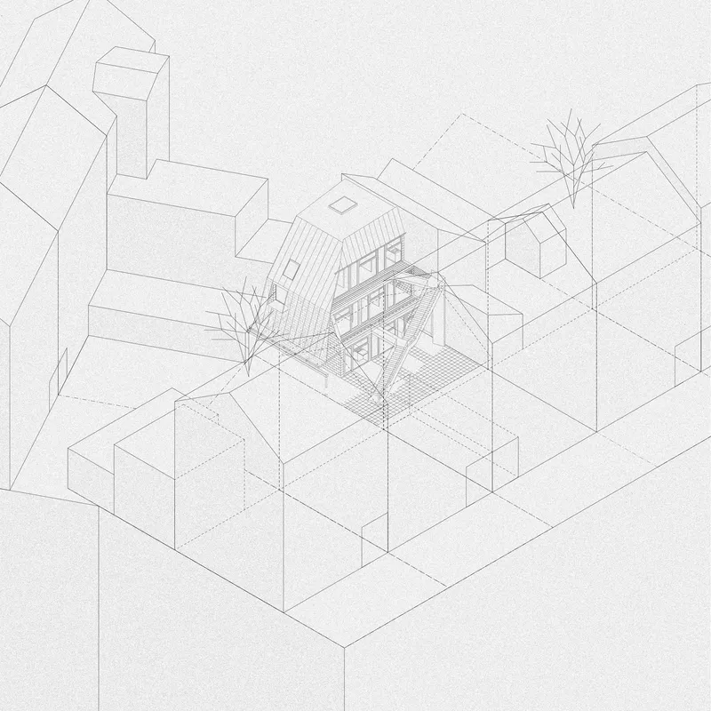 Axonometric drawing showing a gridded courtyard structure embedded within surrounding urban volumes with adjacent trees