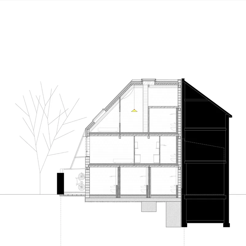 Section drawing showing a three-storey dwelling with pitched roof and adjacent bare tree in winter