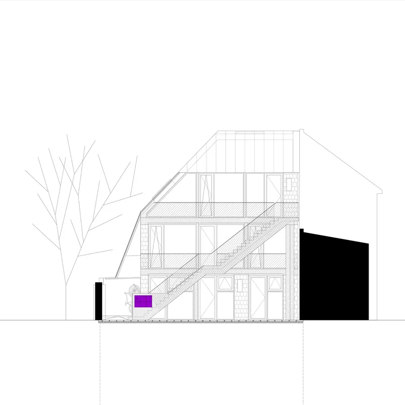 Section drawing showing a three-storey dwelling with diagonal staircase running through all levels and adjacent tree