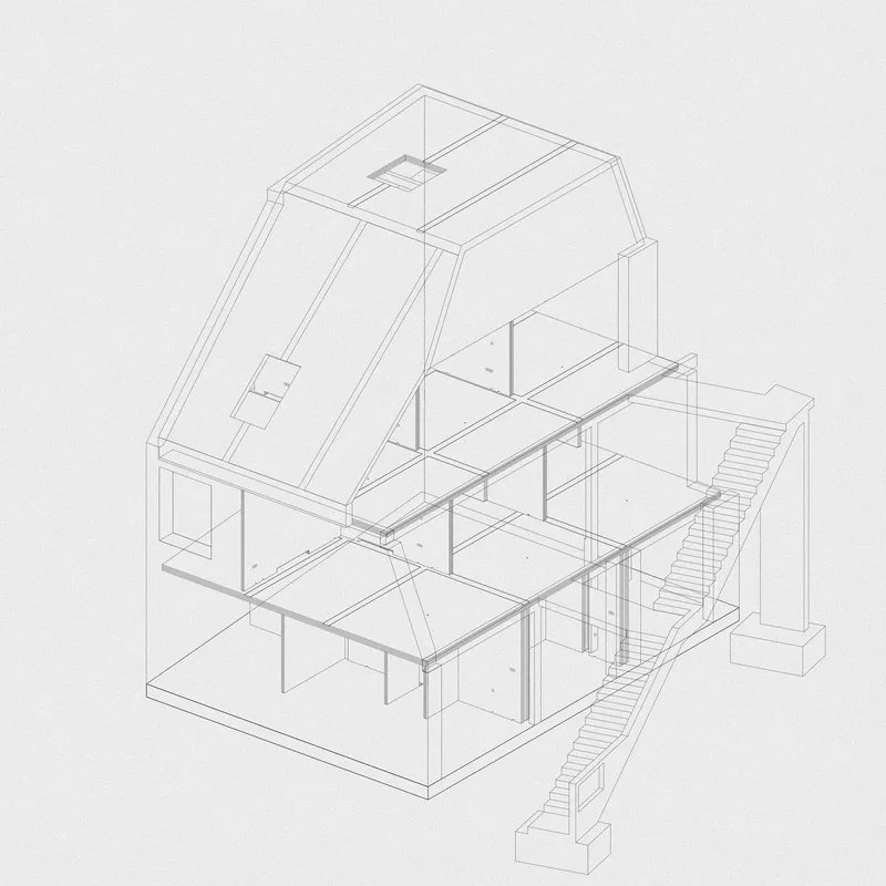 Axonometric drawing revealing the multi-level interior with a sloped roof and exterior staircase