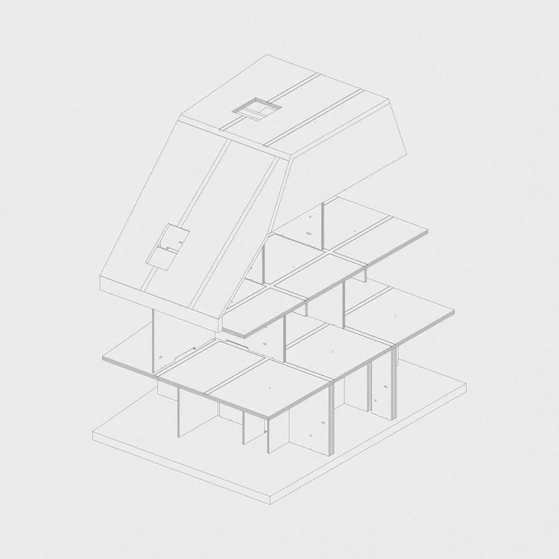 Exploded axonometric drawing separating the sloped roof envelope from the interior floor plates