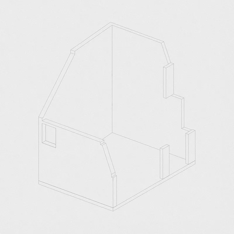 Isometric drawing showing the angled roofline and perimeter walls with a square window opening