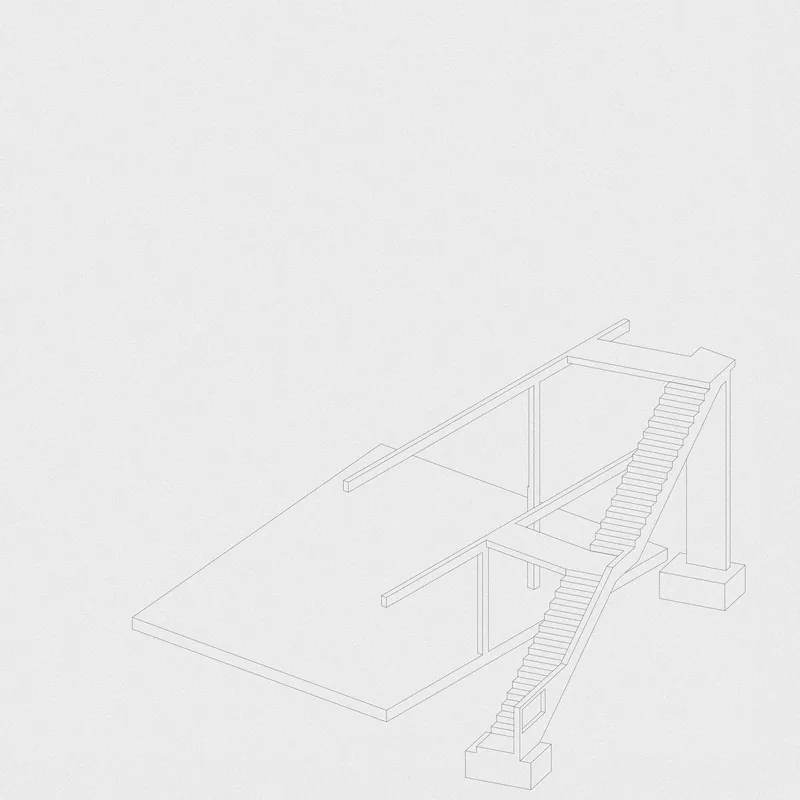 Axonometric section drawing showing the staircase connecting two levels with exposed structural columns
