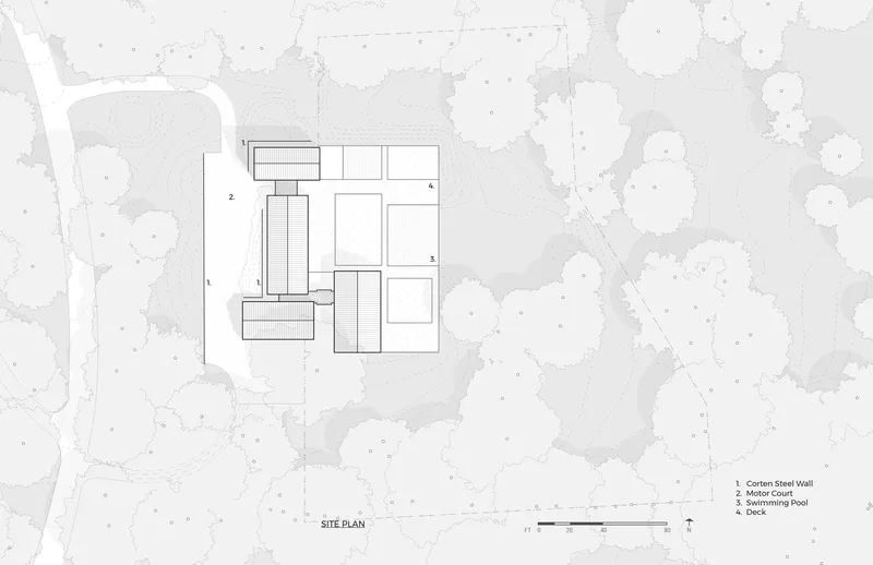 Site plan drawing showing building footprints amid tree canopies and a curved access road