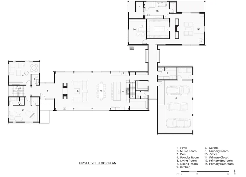 First level floor plan showing open living and dining areas with attached garage and study wing