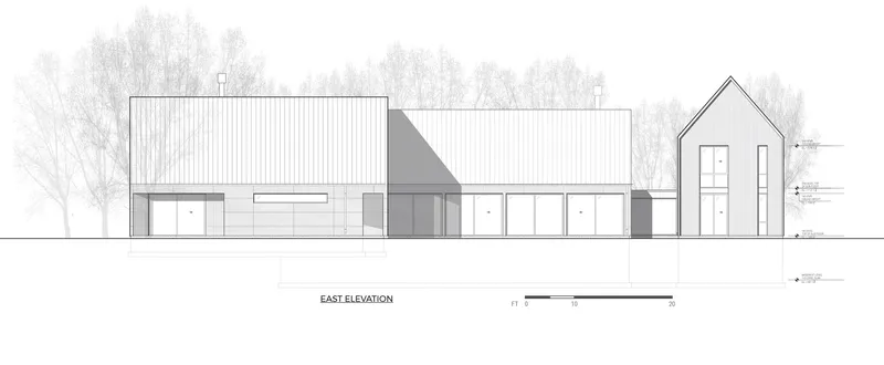 East elevation drawing showing horizontal volumes with gabled tower element and vertical cladding against background trees