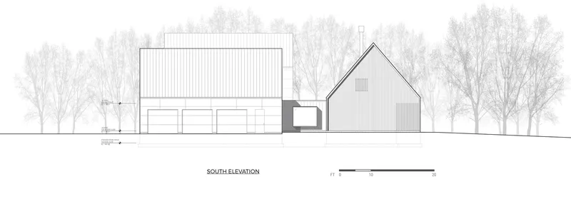 South elevation drawing showing garage block connected to smaller gabled volume with grove of trees behind