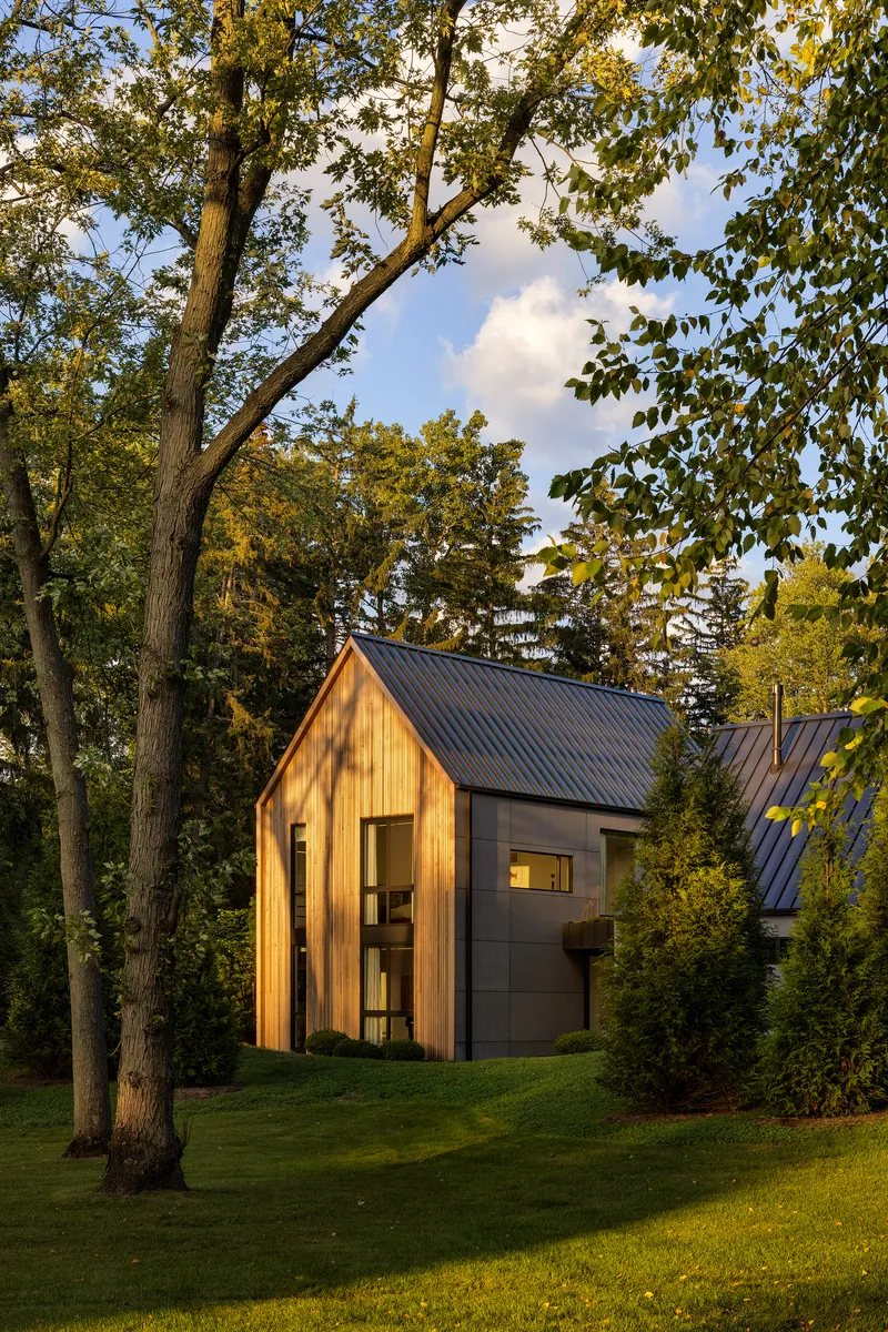 Gabled volumes clad in vertical timber and dark panels nestled among mature trees at dusk