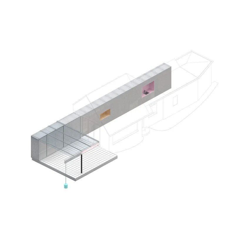 Axonometric drawing of a narrow building with glazed courtyard and tiled floor extending outward