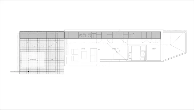 Floor plan drawing showing a linear layout with gridded courtyard and living spaces