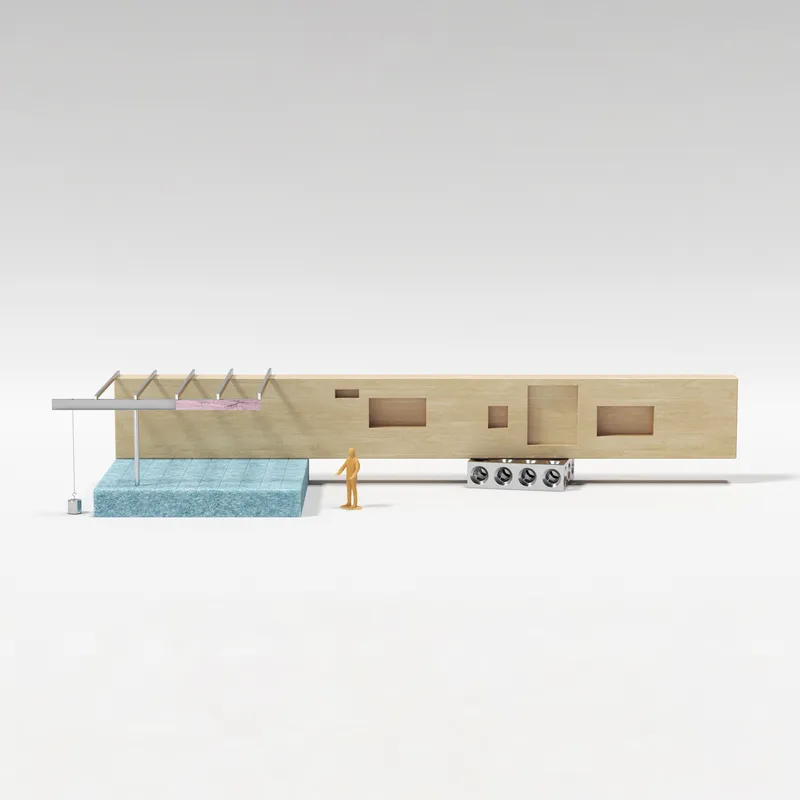 Physical model of an elongated timber facade with rectangular openings and cantilevered canopy over pool