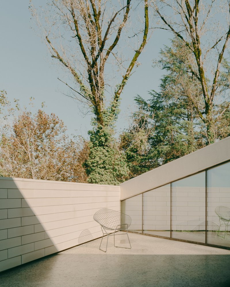 Sunlit courtyard with wire mesh chair against white brick walls and glazing beneath bare autumn trees