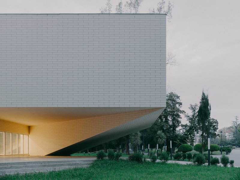 Cantilevered grey brick volume with timber soffit above a lawn with conifers and bare trees