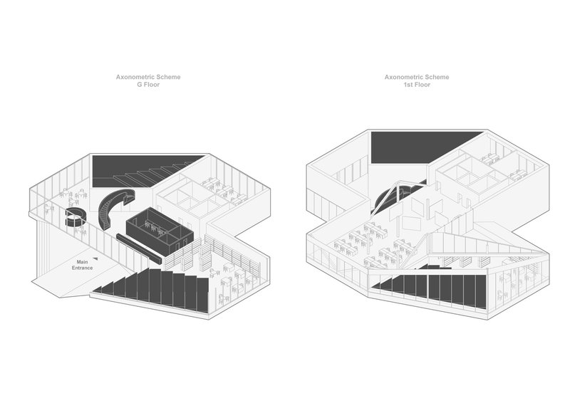 Axonometric drawings showing ground and first floor interior layouts with stairs and spatial divisions