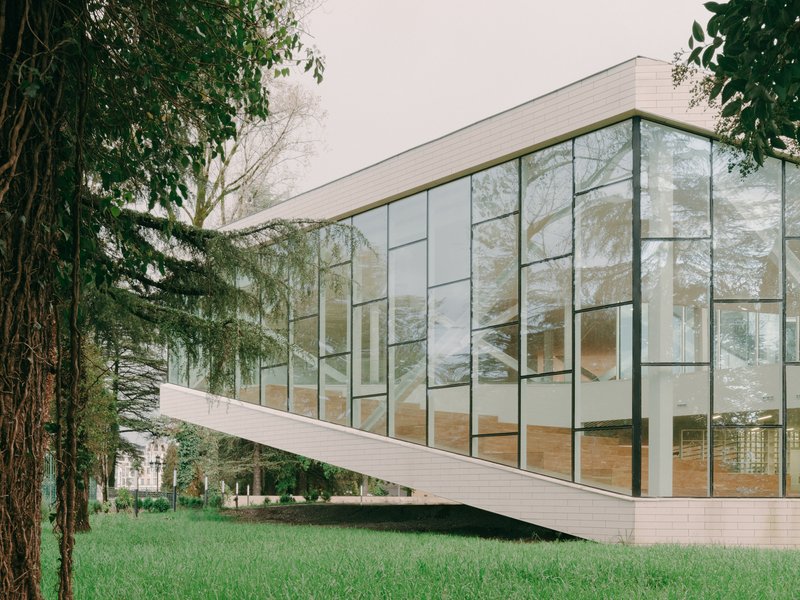 Cantilevered glass-walled volume with gridded metal framing beneath overhanging conifers on a lawn