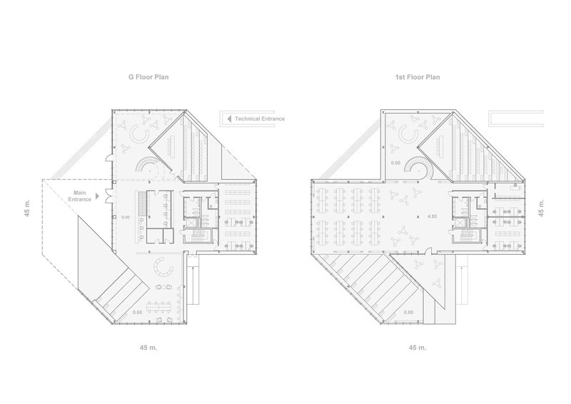 Ground and first floor plan drawings showing angular volumes with diagonal wings and central circulation cores