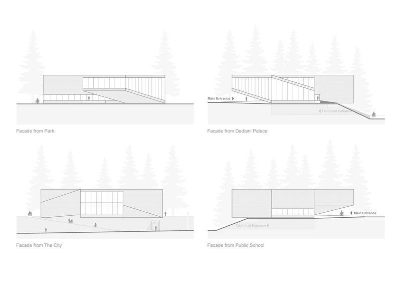 Four elevation drawings showing sloped rooflines and vertical facade panels with trees in the background