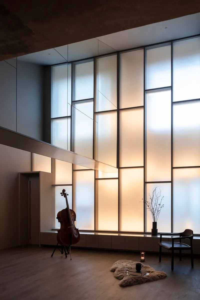 Double-height living space with backlit translucent panel wall and cello in evening light
