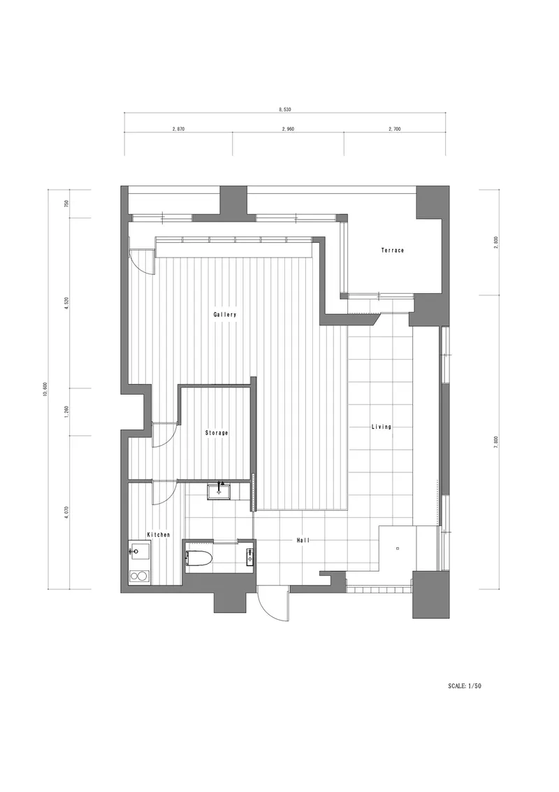 Floor plan drawing showing gallery, living area, terrace, kitchen and bathroom with dimensioned layout