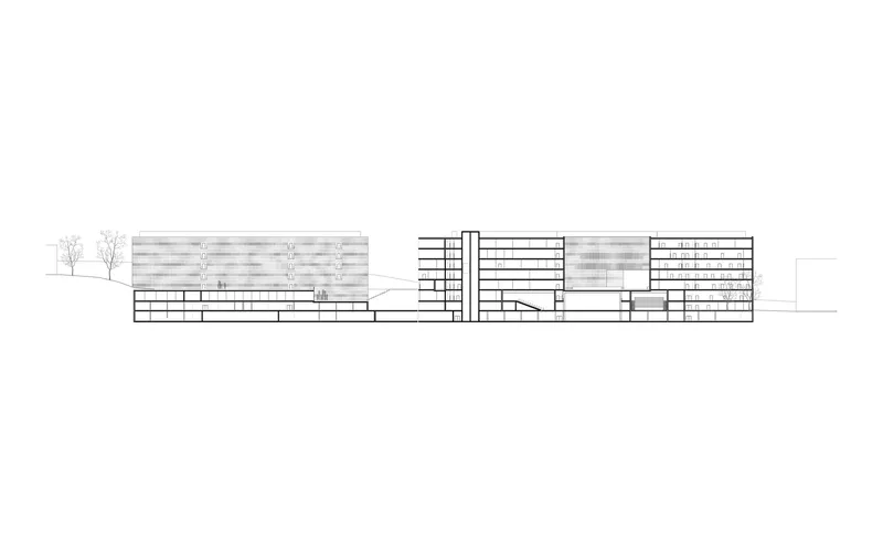 Elevation drawing showing residential volumes with alternating solid and glazed facades flanking a central connector