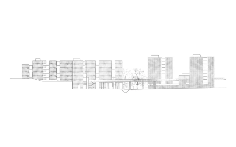 Elevation drawing of a residential complex with paired towers and low horizontal blocks separated by bare trees