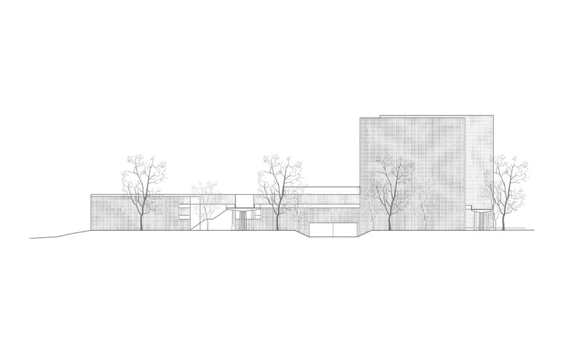 Elevation drawing showing a tall tower block adjacent to low horizontal volumes with deciduous trees in foreground