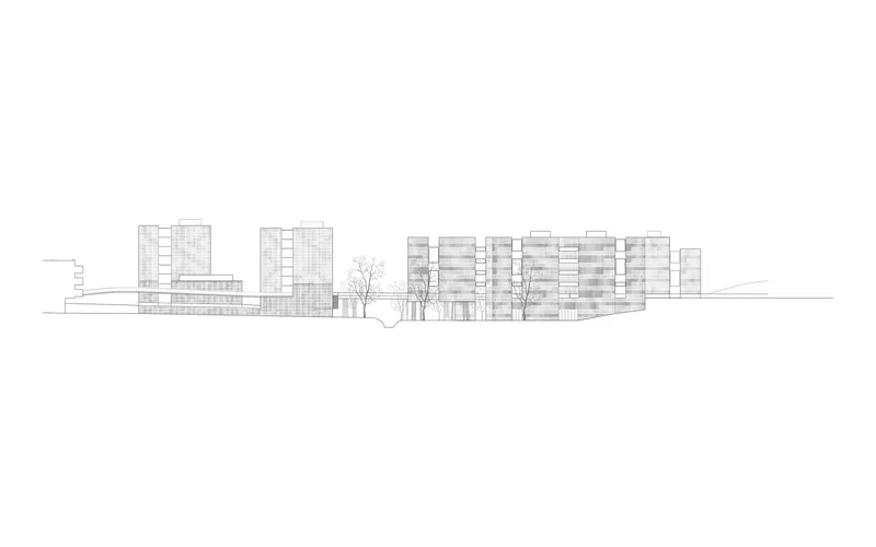 Elevation drawing depicting two tower blocks and a low linking volume with leafless trees between them