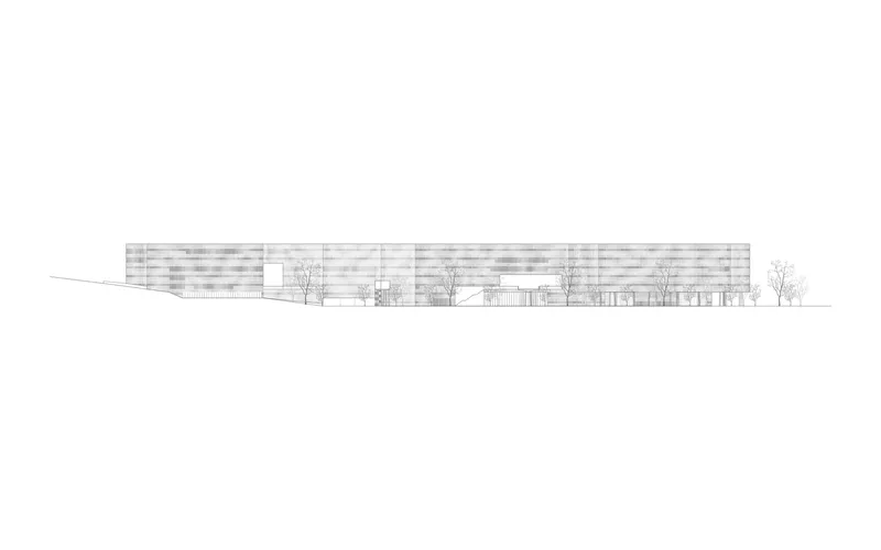 Elevation drawing showing a horizontal layered facade with planted terraces and trees along a sloping ground line