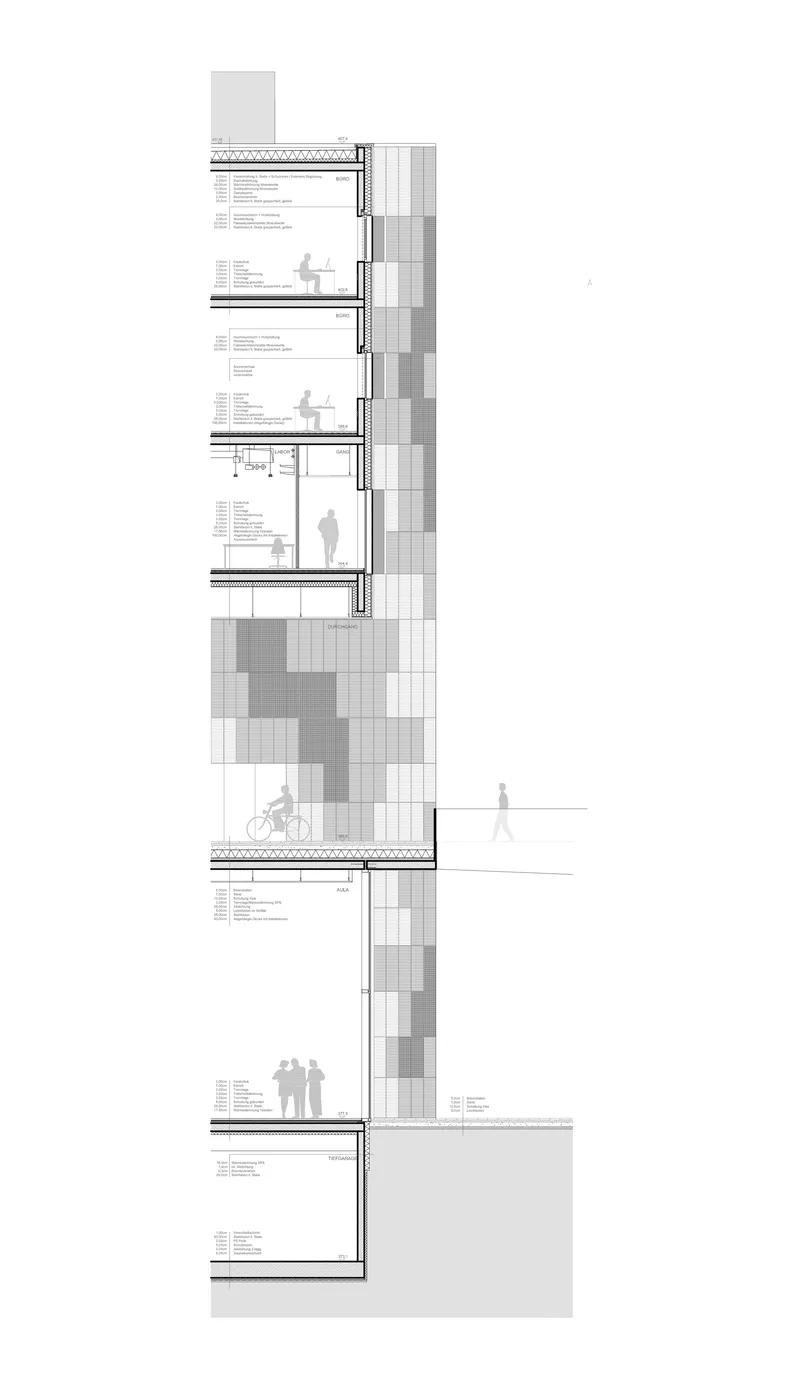 Section drawing revealing a vertical stack of floor plates with pixelated cladding and human figures at various levels